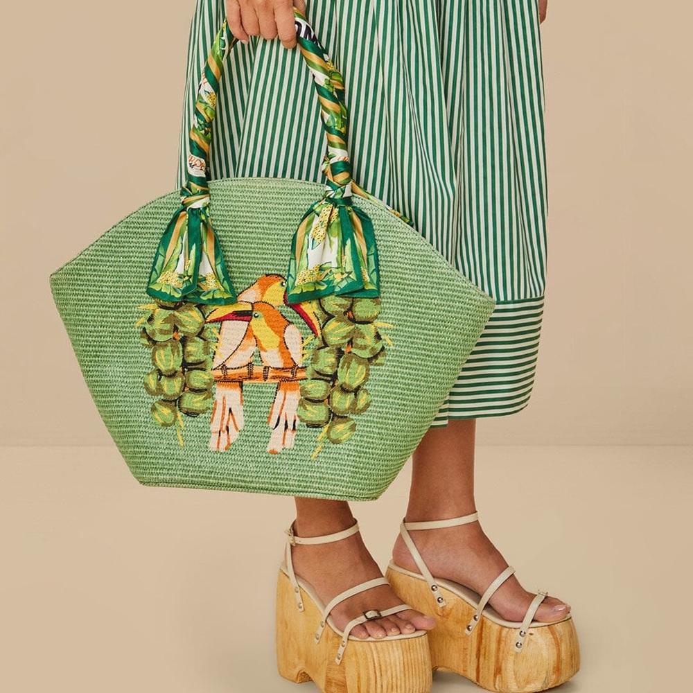 FARM Rio Coconut Toucan Raffia Shell Tote Bag retail $278 - Picture 6 of 17